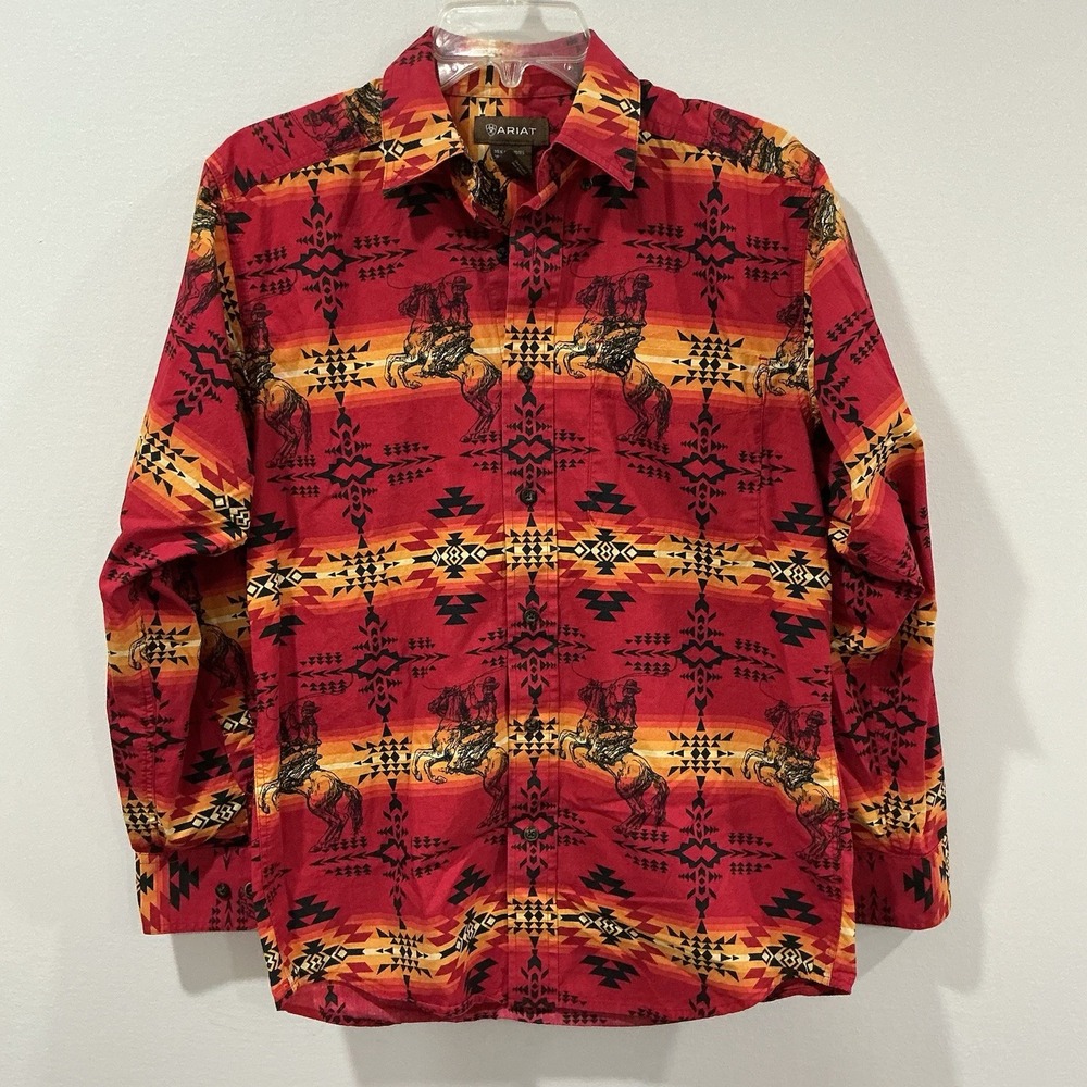 Ariat Mens Button Shirt XS Southwestern Aztec Cowboy Horse Rodeo Red Tango